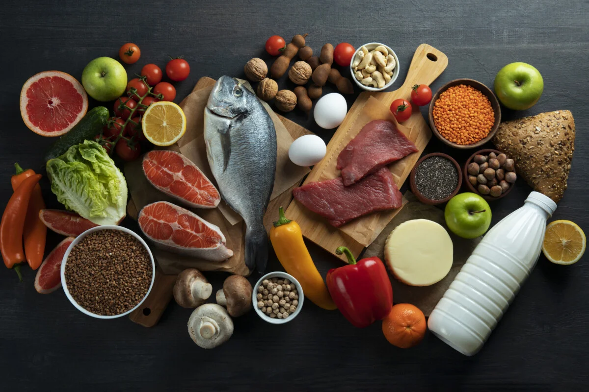 protein rich foods like fish, eggs etc on one table